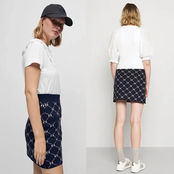 MAJE Navy Bow Design Jacquard Knit Gold Logo Button Patch Pocket Mini Skirt 6 - Picture 6 of 14